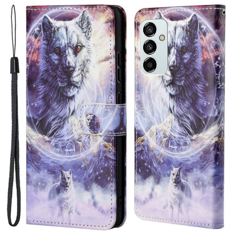 Leren Hoesje voor Samsung Galaxy M23 5G Met Ketting Gebonden Wolf