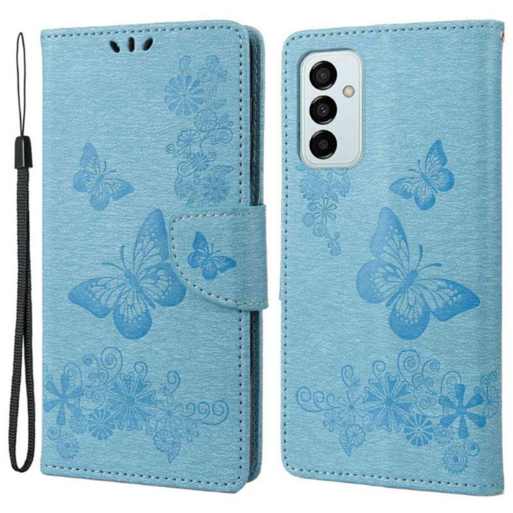 Leren Hoesje voor Samsung Galaxy M23 5G Met Ketting Thong Vlinders