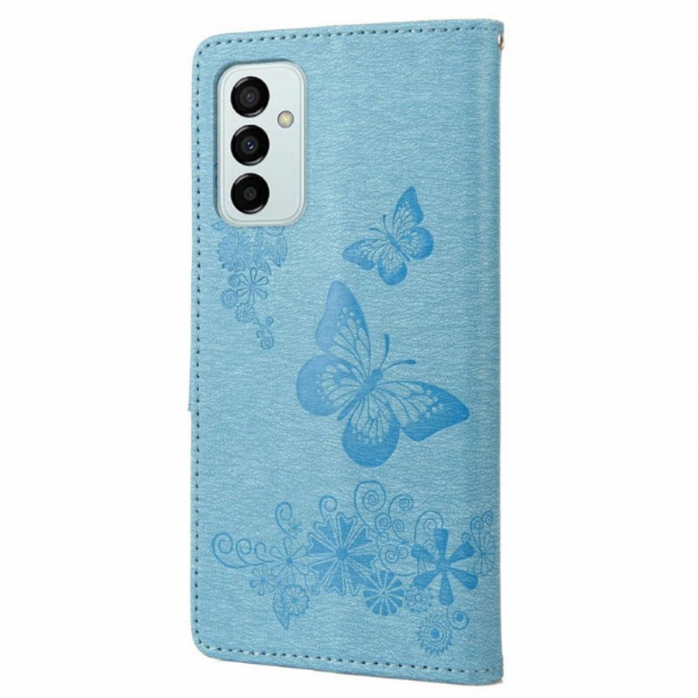 Leren Hoesje voor Samsung Galaxy M23 5G Met Ketting Thong Vlinders