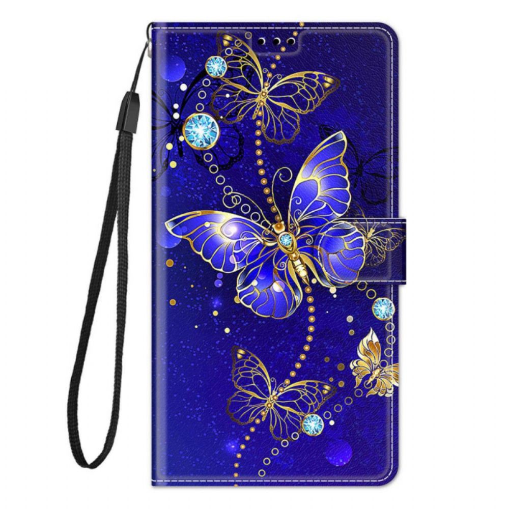 Leren Hoesje voor Samsung Galaxy M23 5G Met Ketting Thong Vlinders Fan