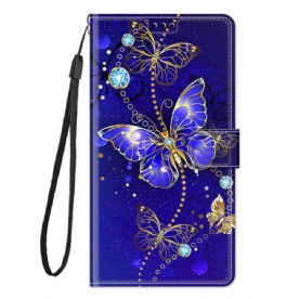 Leren Hoesje voor Samsung Galaxy M23 5G Met Ketting Thong Vlinders Fan