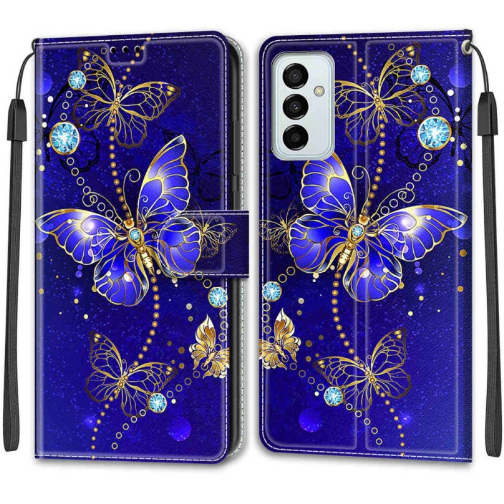 Leren Hoesje voor Samsung Galaxy M23 5G Met Ketting Thong Vlinders Fan