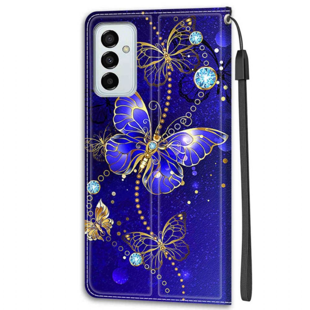 Leren Hoesje voor Samsung Galaxy M23 5G Met Ketting Thong Vlinders Fan