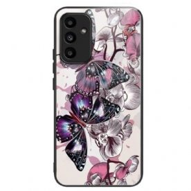 Case Hoesje Samsung Galaxy A15 Telefoonhoesje Paarse Vlinders Van Gehard Glas