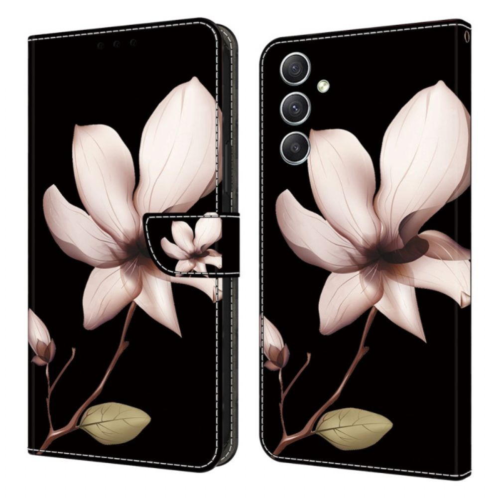 Flip Case Leren Samsung Galaxy A15 Roze Bloemen Op Zwarte Achtergrond