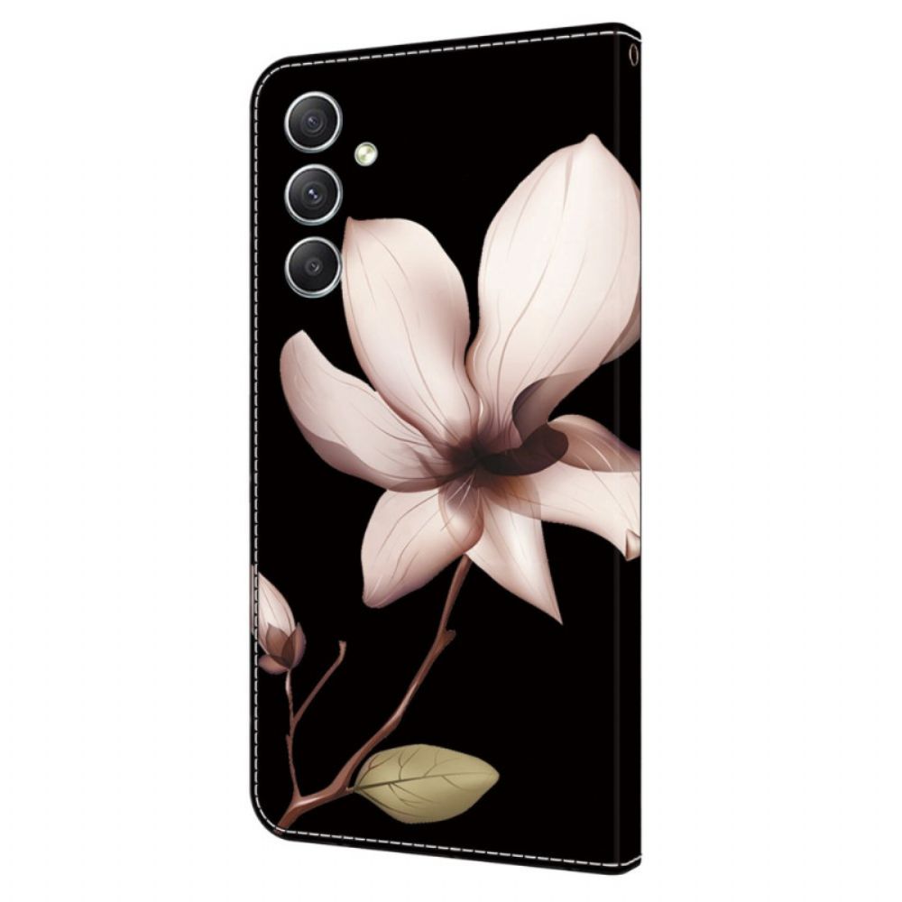 Flip Case Leren Samsung Galaxy A15 Roze Bloemen Op Zwarte Achtergrond