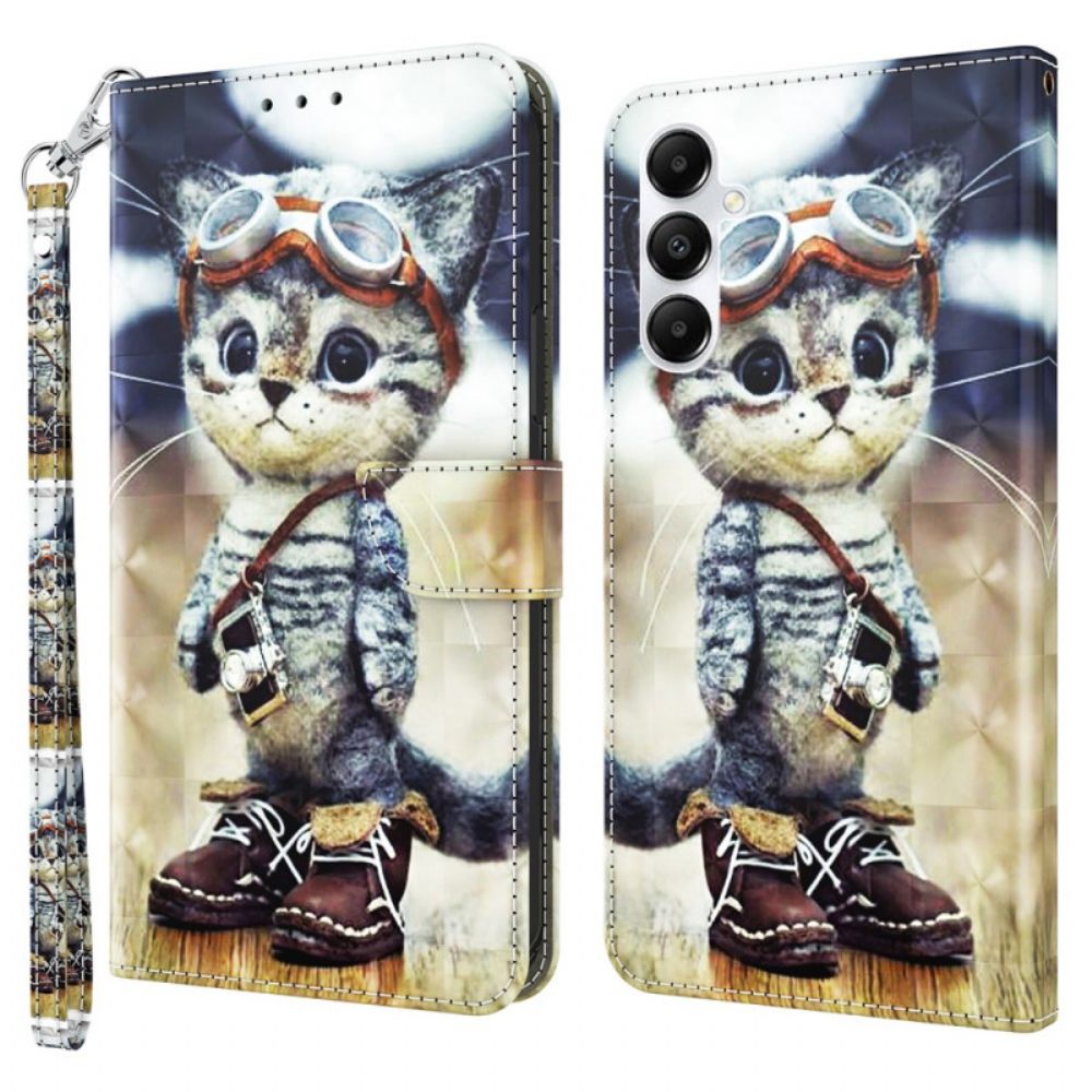 Flip Case Leren Samsung Galaxy A15 Vliegenier Kat Met Riem