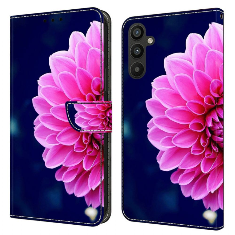 Leren Hoesje Samsung Galaxy A15 Roze Bloemen Op Blauwe Achtergrond Bescherming Hoesje