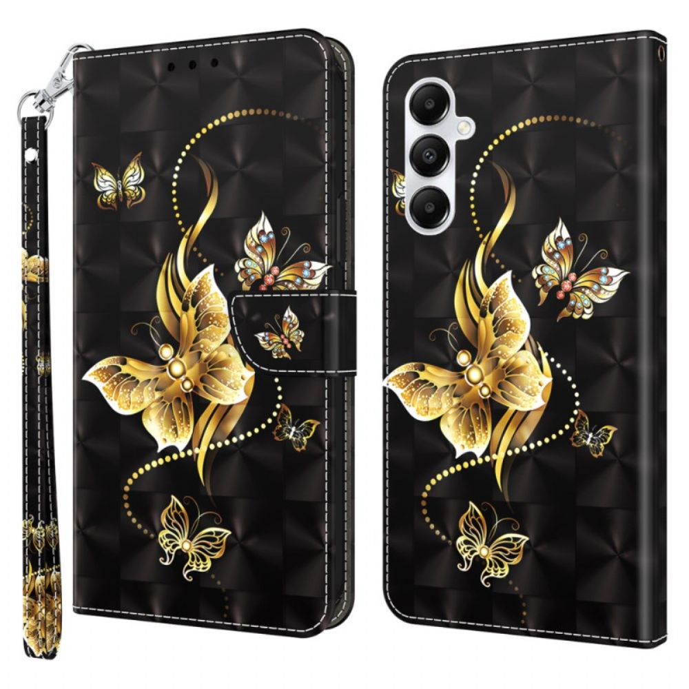 Leren Hoesje Voor Samsung Galaxy A15 Gouden Vlinders Met Riem