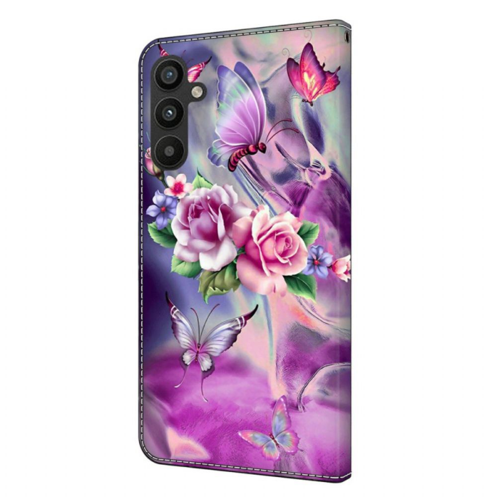 Leren Hoesje Voor Samsung Galaxy A15 Paarse Vlinders En Bloemen