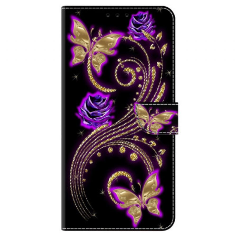 Leren Hoesje Voor Samsung Galaxy A15 Violette Bloemen En Vlinders