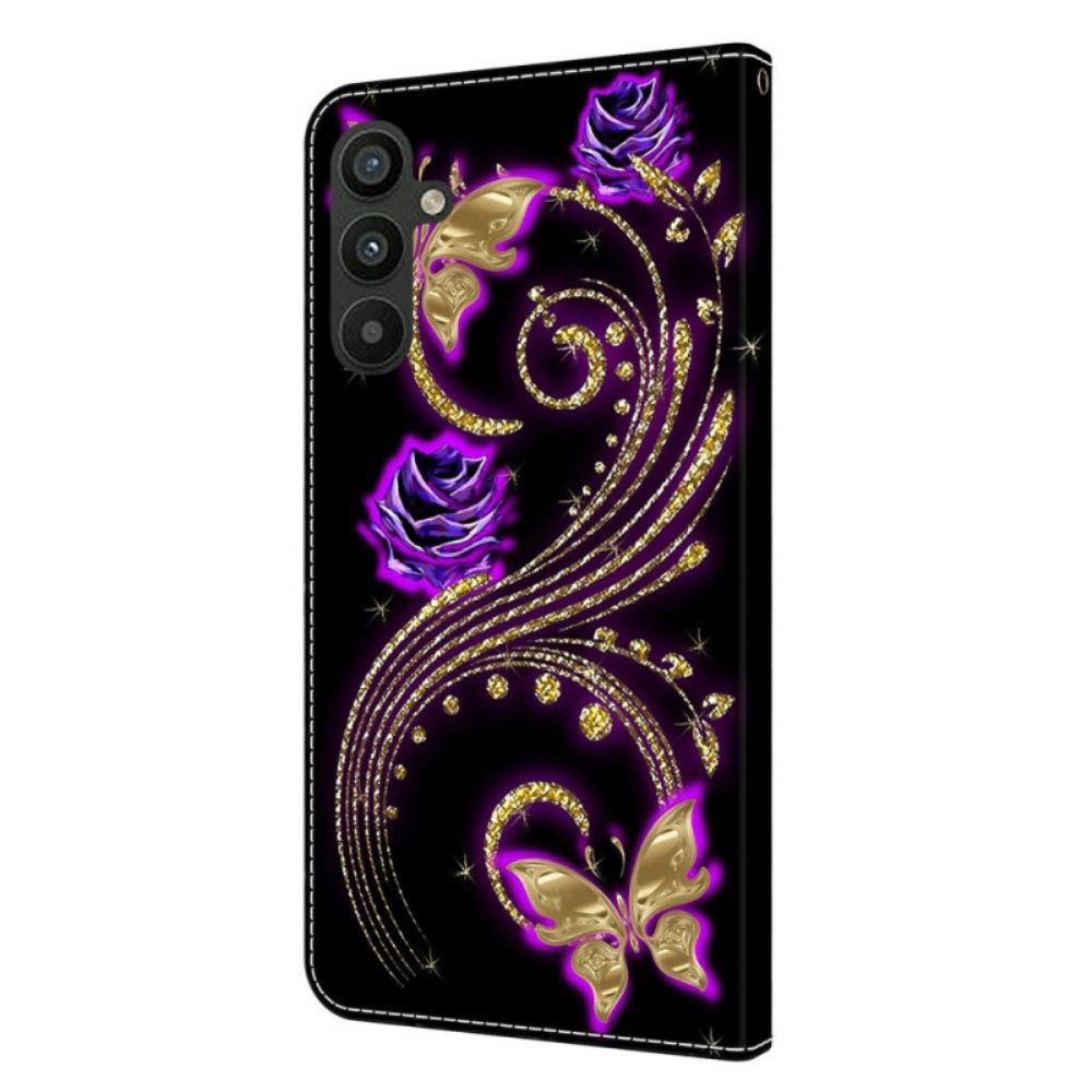 Leren Hoesje Voor Samsung Galaxy A15 Violette Bloemen En Vlinders