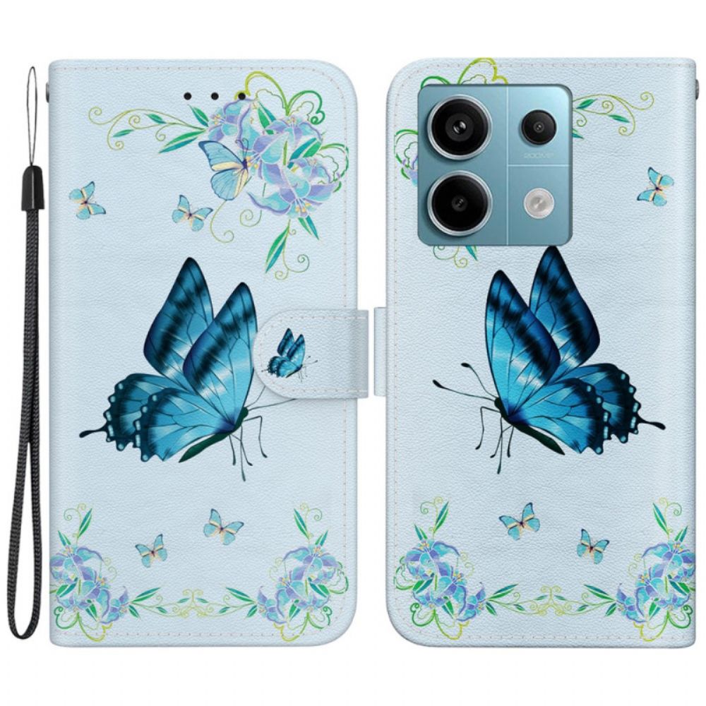 Bescherming Hoesje Poco X6 5g Blauwe Vlinders En Bloemen Met Riem