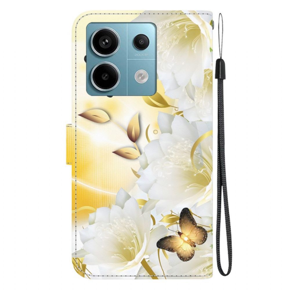 Flip Case Leren Poco X6 5g Gouden Vlinders En Witte Bloemen Met Riempje