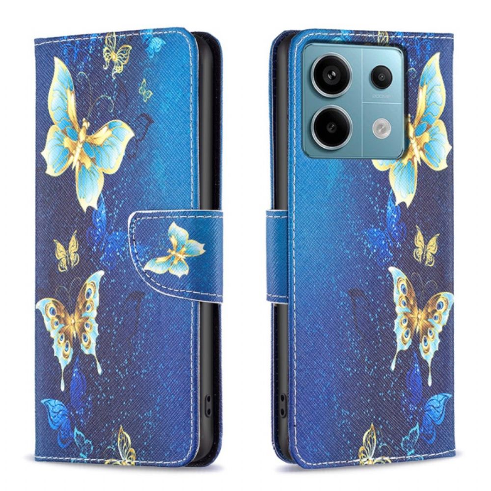 Folio-hoesje Poco X6 5g Gouden Vlinders Op Blauwe Achtergrond