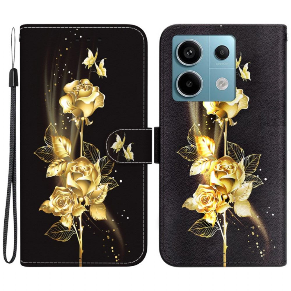 Leren Hoesje Poco X6 5g Gouden En Roze Vlinders Bescherming Hoesje