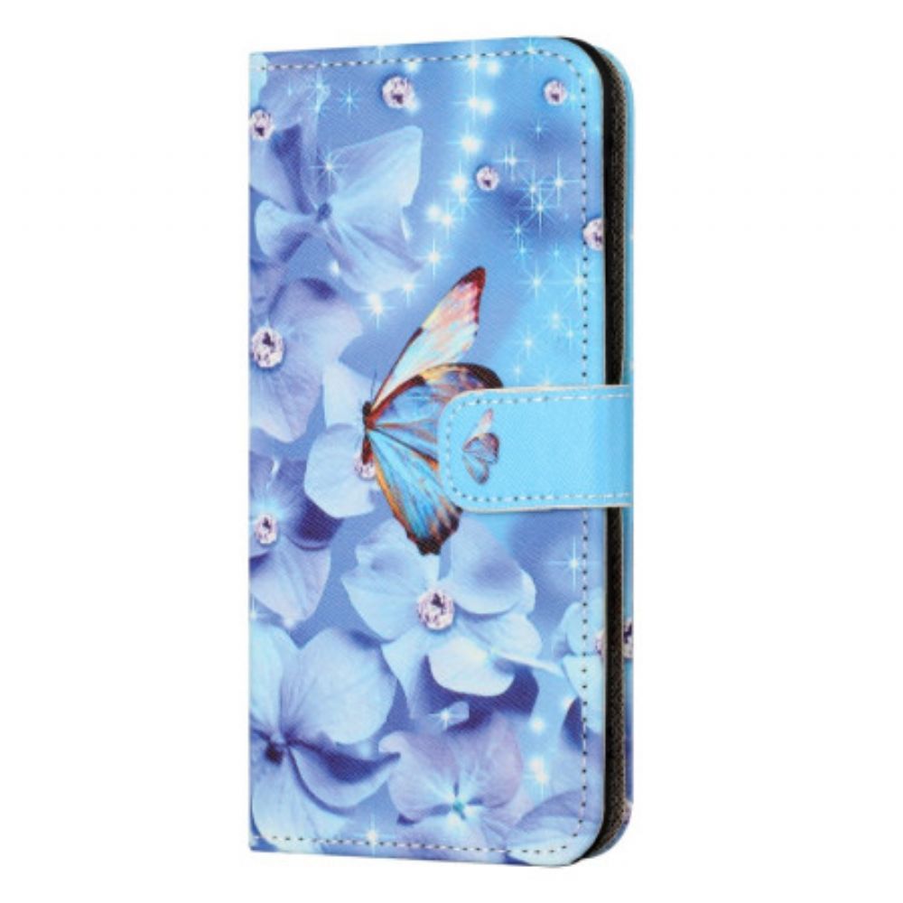 Leren Hoesje Voor Poco X6 5g Blauwe Bloemen En Vlinder Met Riempje