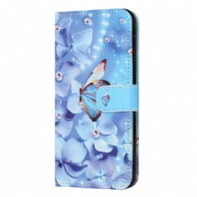 Leren Hoesje Voor Poco X6 5g Blauwe Bloemen En Vlinder Met Riempje