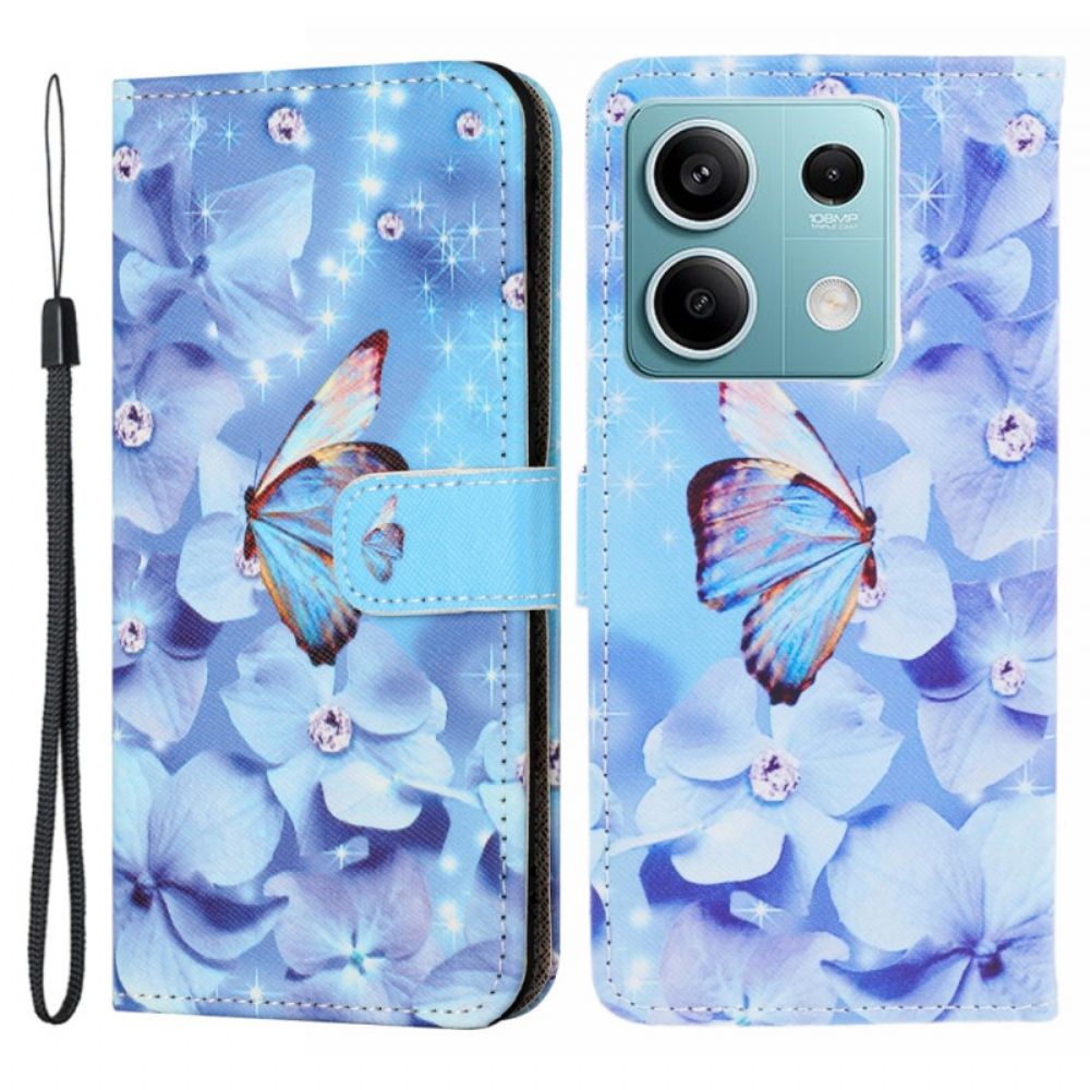 Leren Hoesje Voor Poco X6 5g Blauwe Bloemen En Vlinder Met Riempje