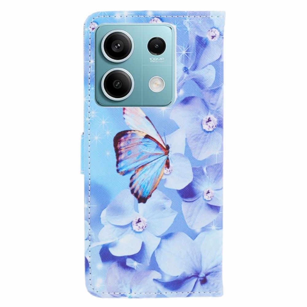 Leren Hoesje Voor Poco X6 5g Blauwe Bloemen En Vlinder Met Riempje