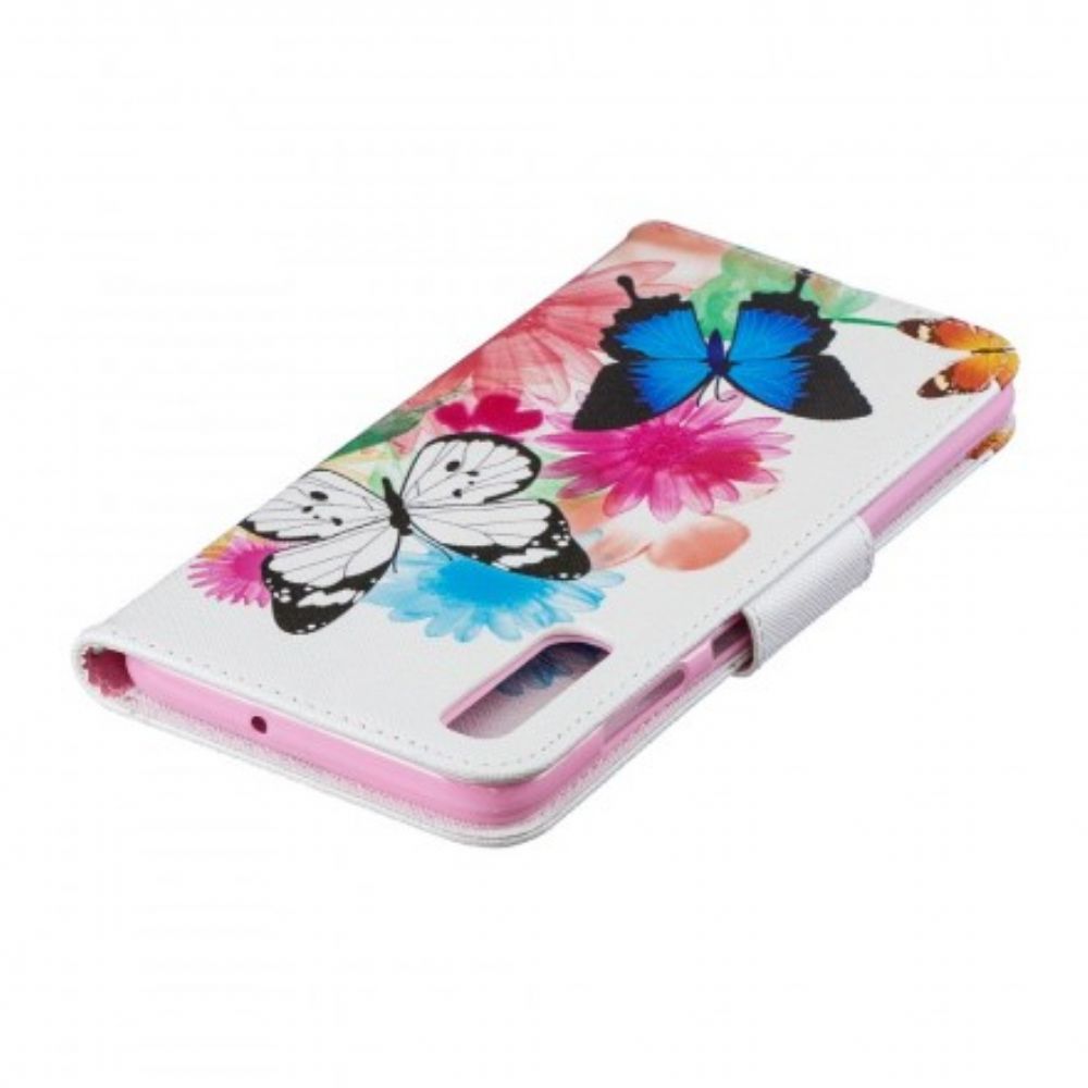 Flip Case voor Samsung Galaxy A70 Geschilderde Vlinders En Bloemen