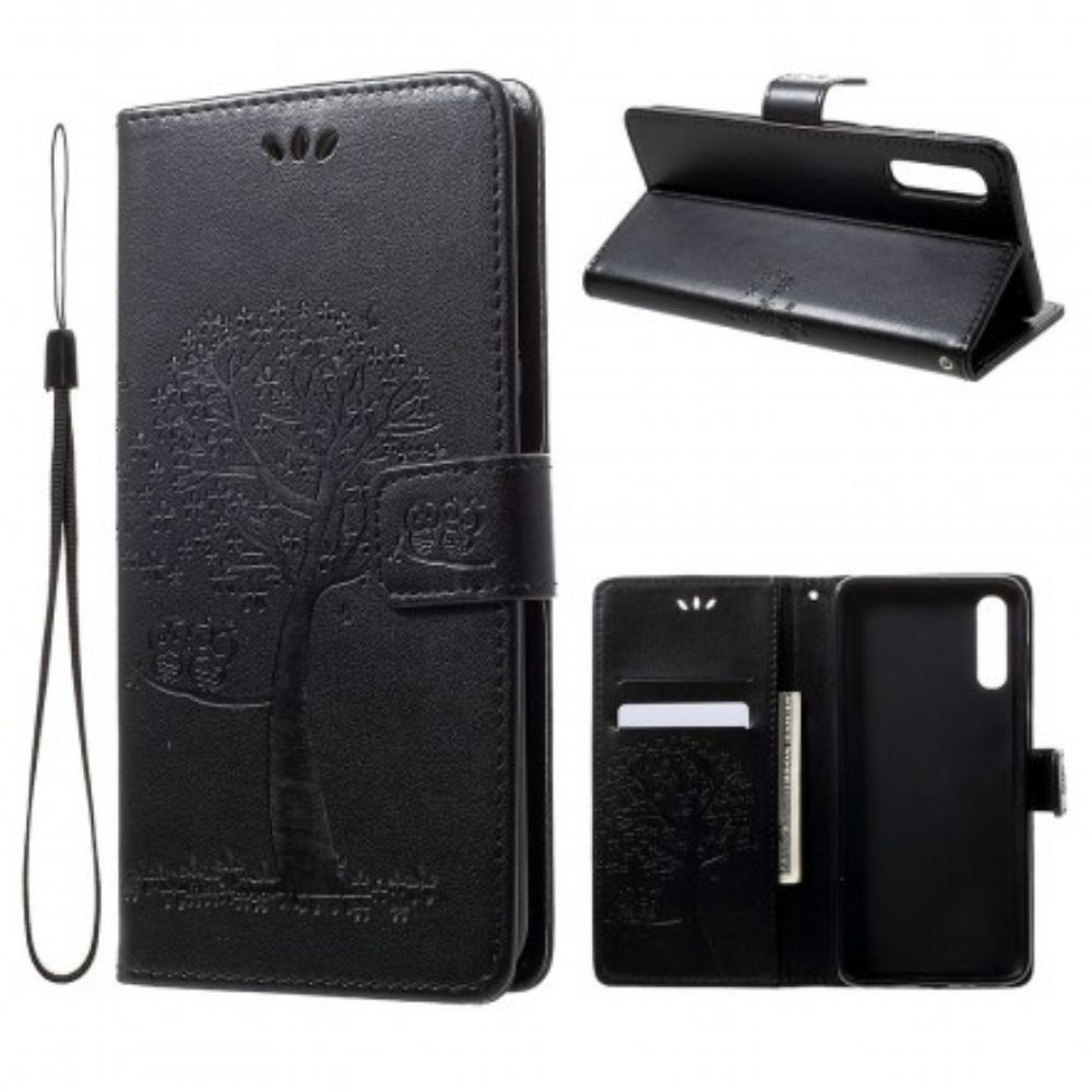 Flip Case voor Samsung Galaxy A70 Met Ketting Boom En Uilen Met Bandjes