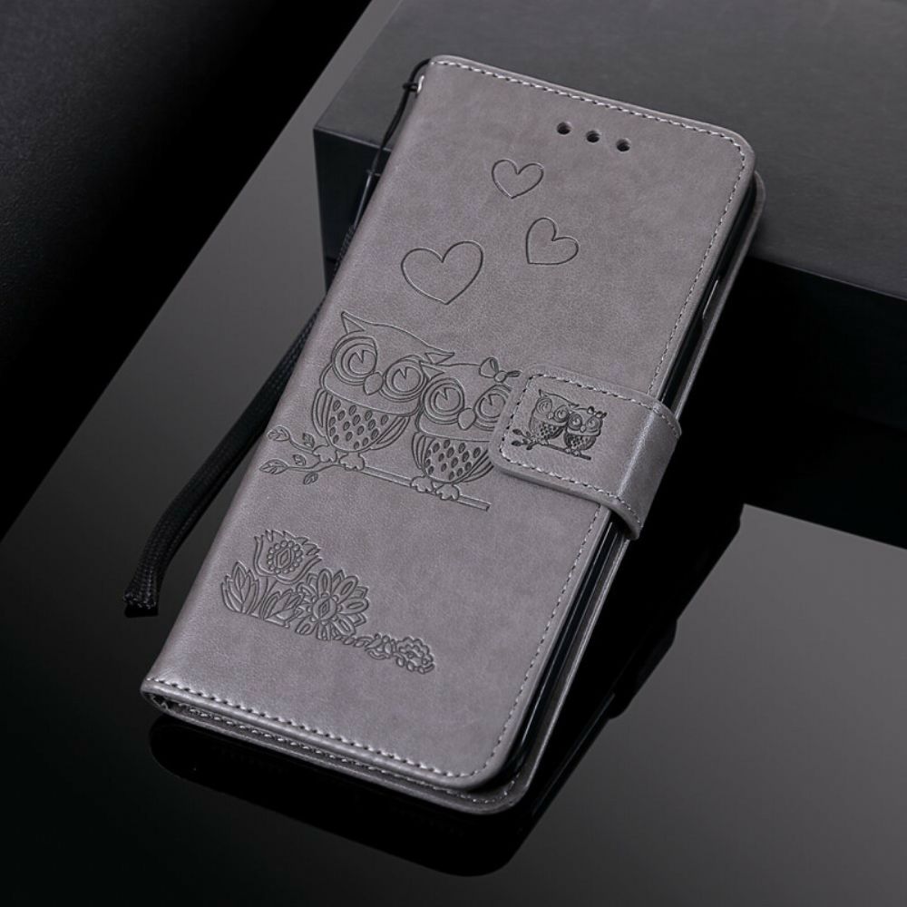 Folio-hoesje voor Samsung Galaxy A70 Met Ketting Amoureuze Uilen Met Bandjes