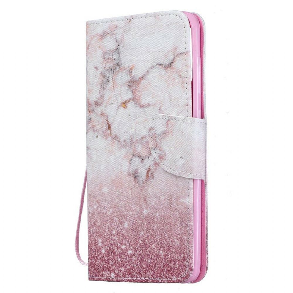 Folio-hoesje voor Samsung Galaxy A70 Met Ketting Roze Marmer Met Verwijderbare Riem