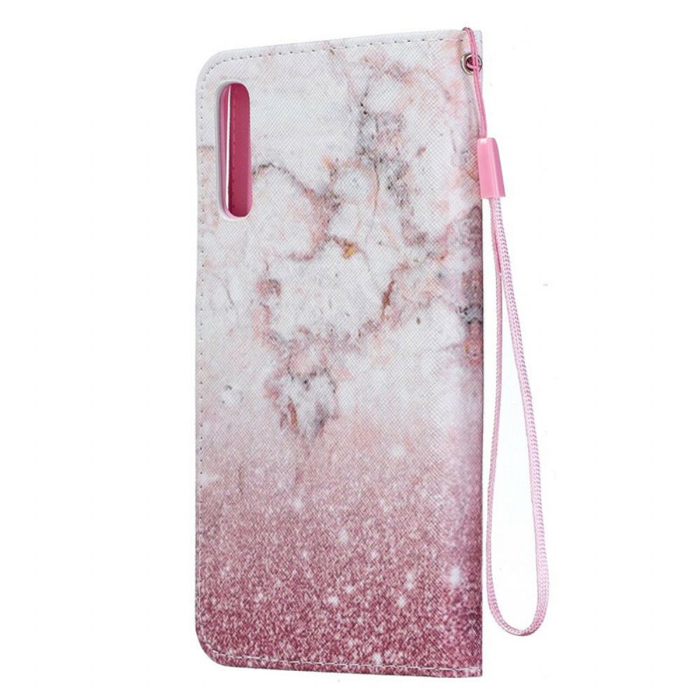 Folio-hoesje voor Samsung Galaxy A70 Met Ketting Roze Marmer Met Verwijderbare Riem