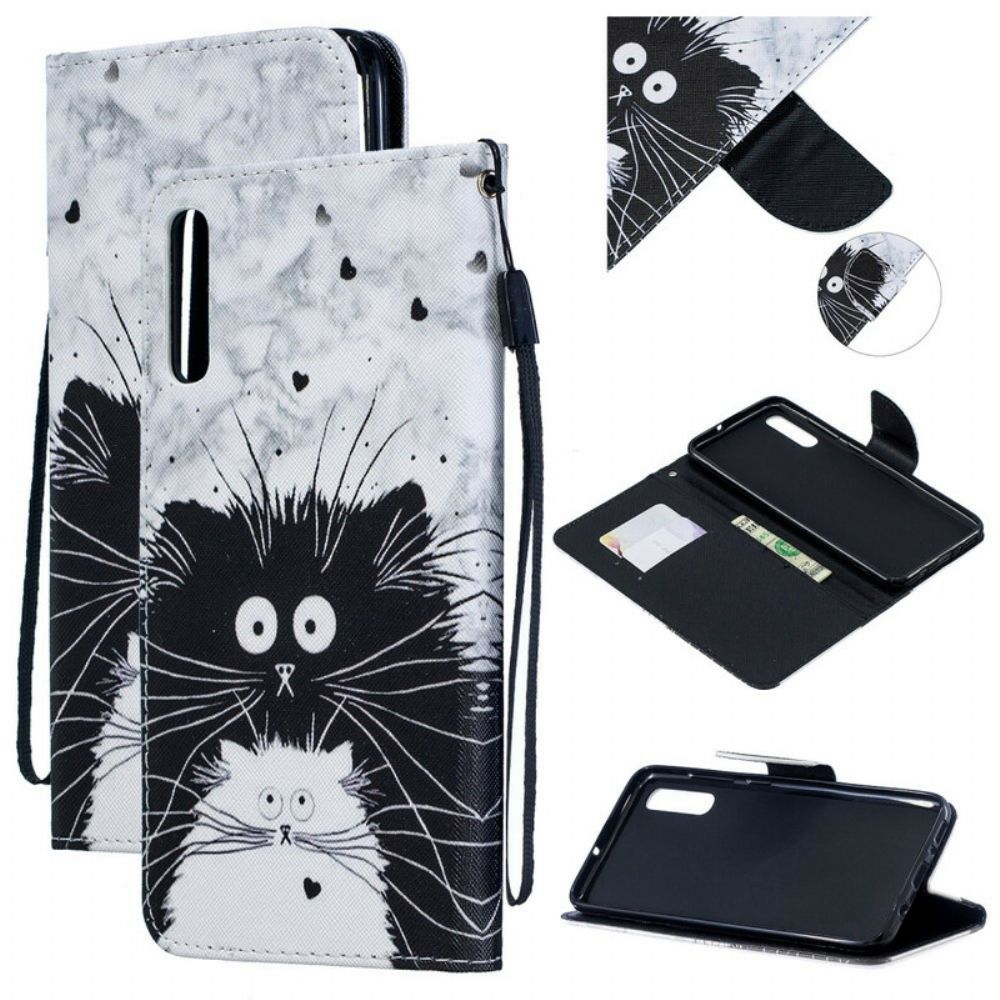 Folio-hoesje voor Samsung Galaxy A70 Met Ketting Witte Kat Zwarte Kat Met Afneembare Riem