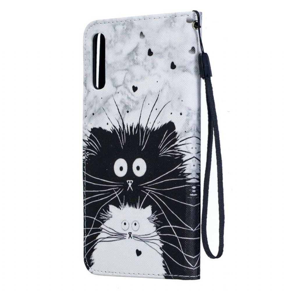 Folio-hoesje voor Samsung Galaxy A70 Met Ketting Witte Kat Zwarte Kat Met Afneembare Riem