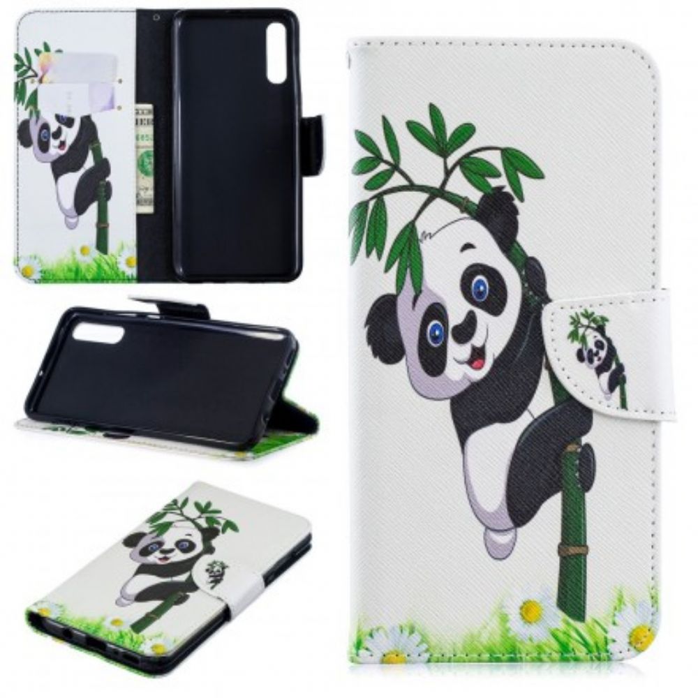 Leren Hoesje voor Samsung Galaxy A70 Panda Op Bamboe