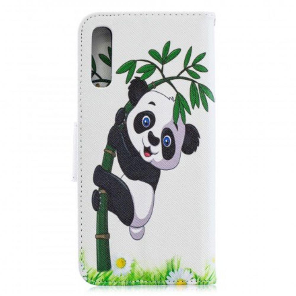 Leren Hoesje voor Samsung Galaxy A70 Panda Op Bamboe