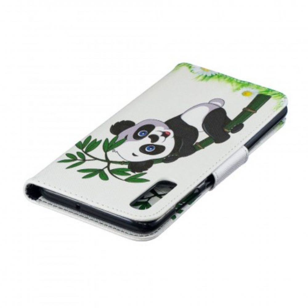 Leren Hoesje voor Samsung Galaxy A70 Panda Op Bamboe