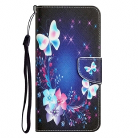 Leren Hoesje voor Xiaomi 12T / 12T Pro Lichtgevende Vlinders Met Lanyard