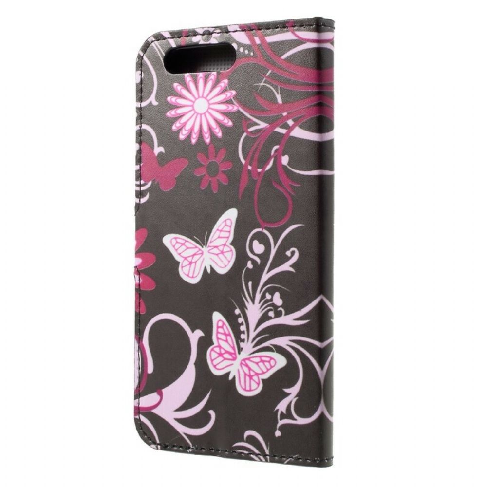 Leren Hoesje voor Honor 9 Vlinders En Bloemen