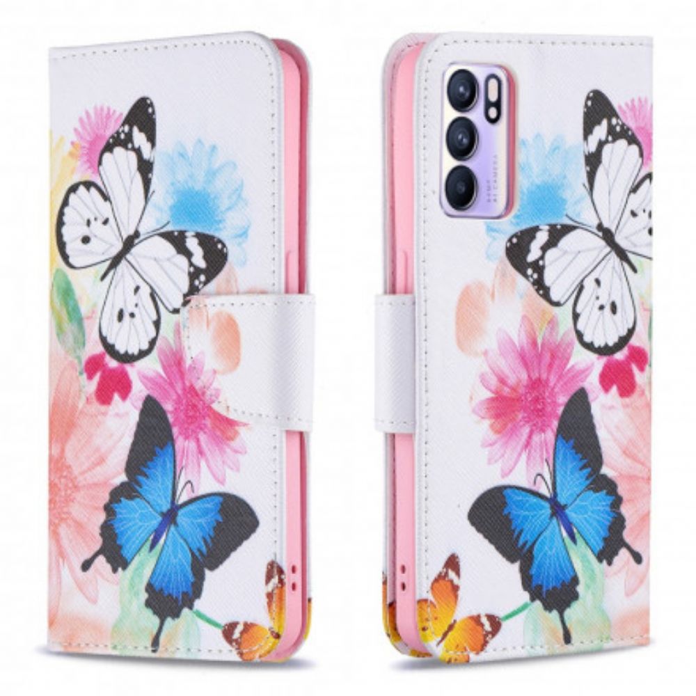 Leren Hoesje voor Oppo Reno 6 5G Geschilderde Vlinders En Bloemen