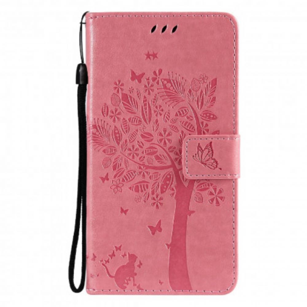 Leren Hoesje voor Oppo Reno 6 5G Met Ketting Boom En Kat Met Bandjes