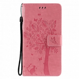 Leren Hoesje voor Oppo Reno 6 5G Met Ketting Boom En Kat Met Bandjes