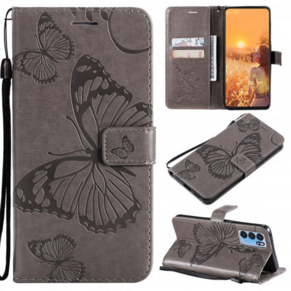 Leren Hoesje voor Oppo Reno 6 5G Met Ketting Reusachtige Vlinders Met Bandjes