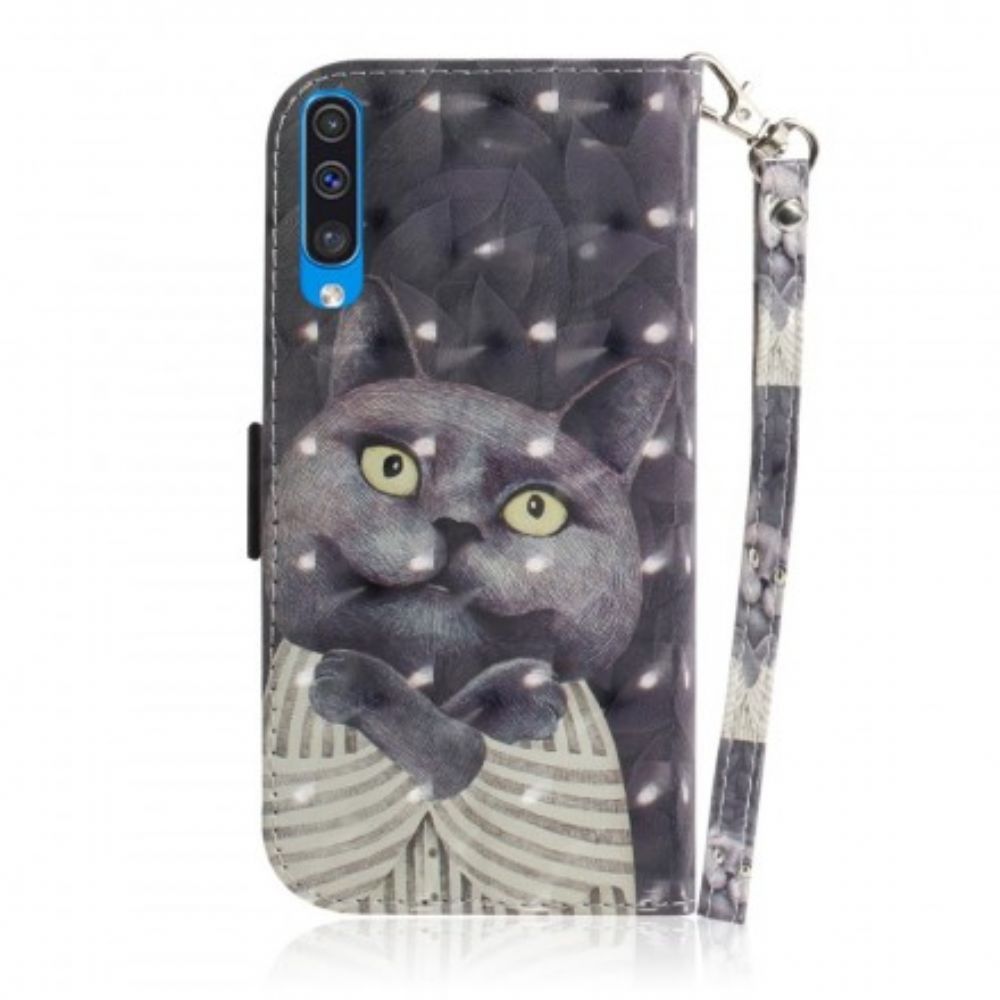 Leren Hoesje voor Samsung Galaxy A50 Met Ketting Grijze Kat Met Bandjes