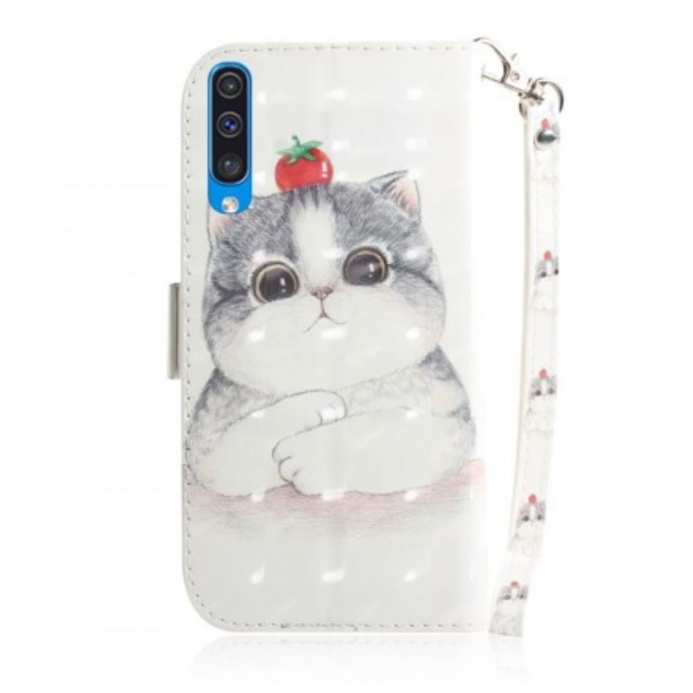 Leren Hoesje voor Samsung Galaxy A50 Met Ketting Tomaat Op De String Cat