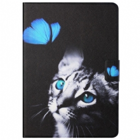 Leren Hoesje voor Samsung Galaxy Tab A8 Kat En Blauwe Vlinder