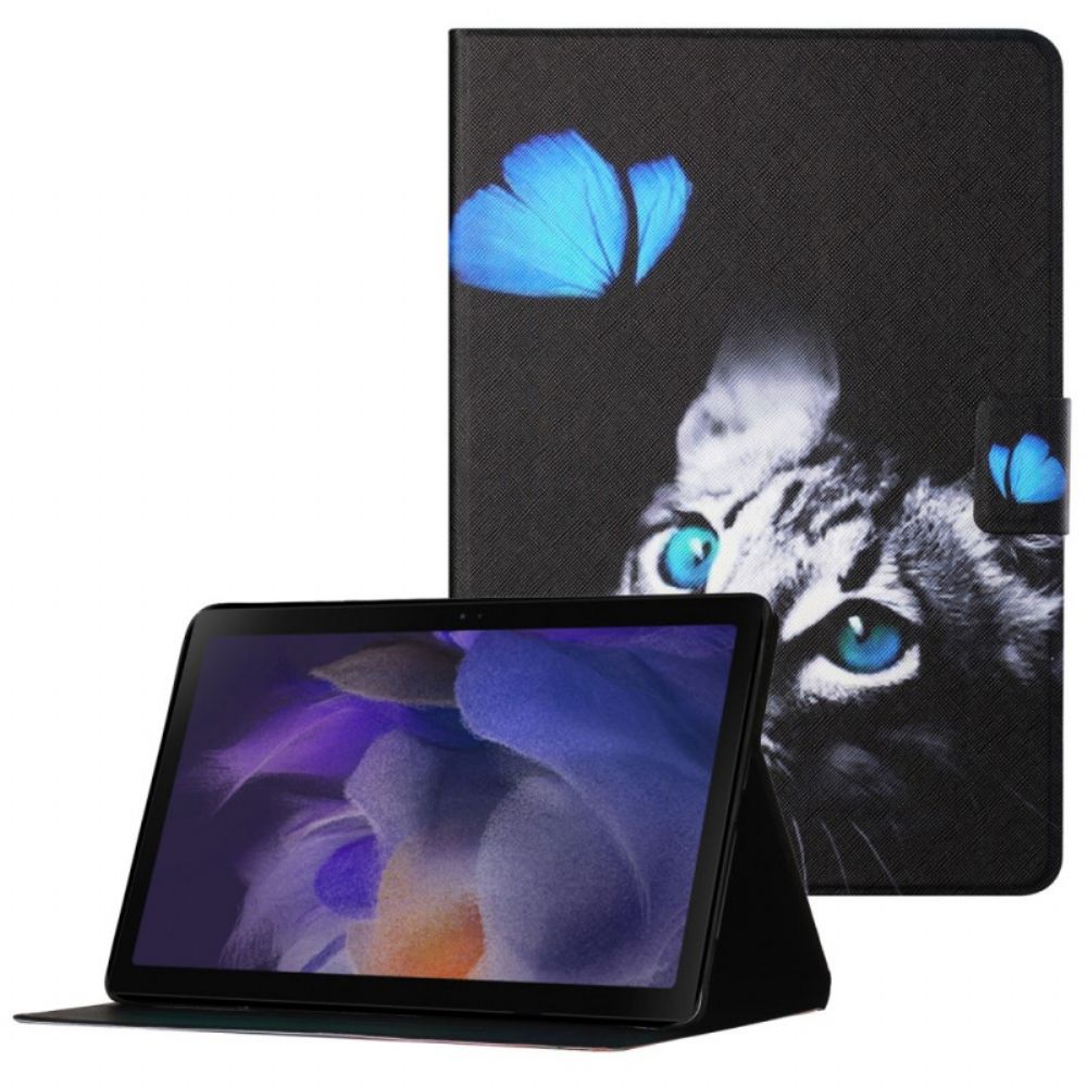 Leren Hoesje voor Samsung Galaxy Tab A8 Kat En Blauwe Vlinder