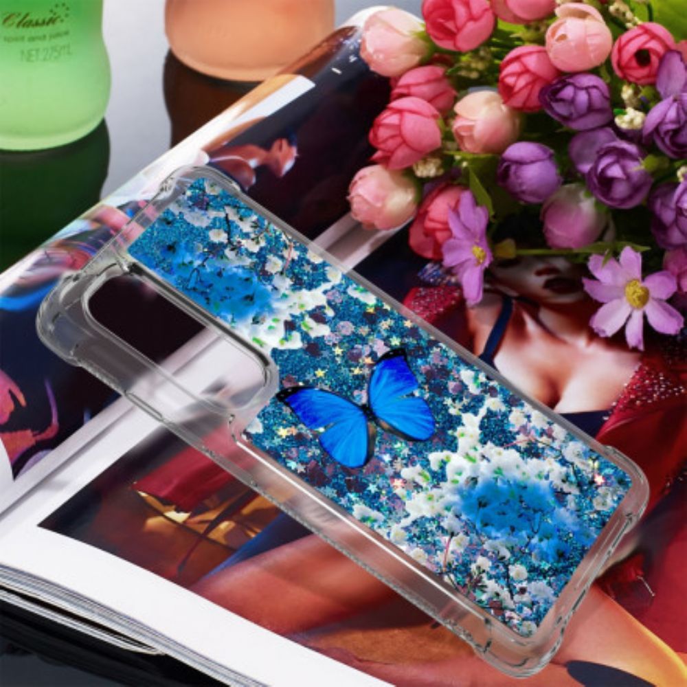 Hoesje voor Xiaomi Mi Note 10 Lite Blauwe Glittervlinders