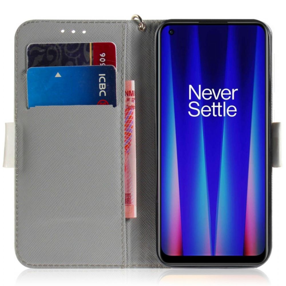 Folio-hoesje voor OnePlus Nord 2T 5G Met Ketting Grijze Kat Met Bandjes