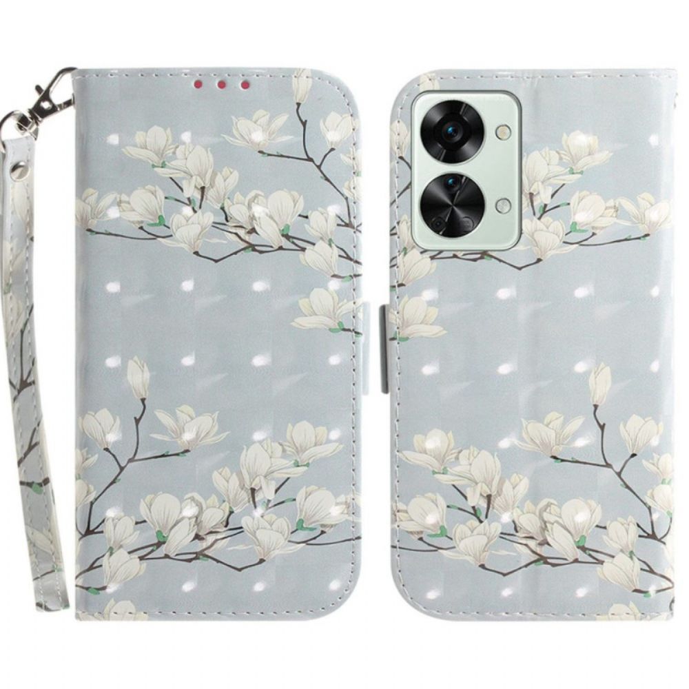 Folio-hoesje voor OnePlus Nord 2T 5G Met Ketting Thong Magnolia Bloemen