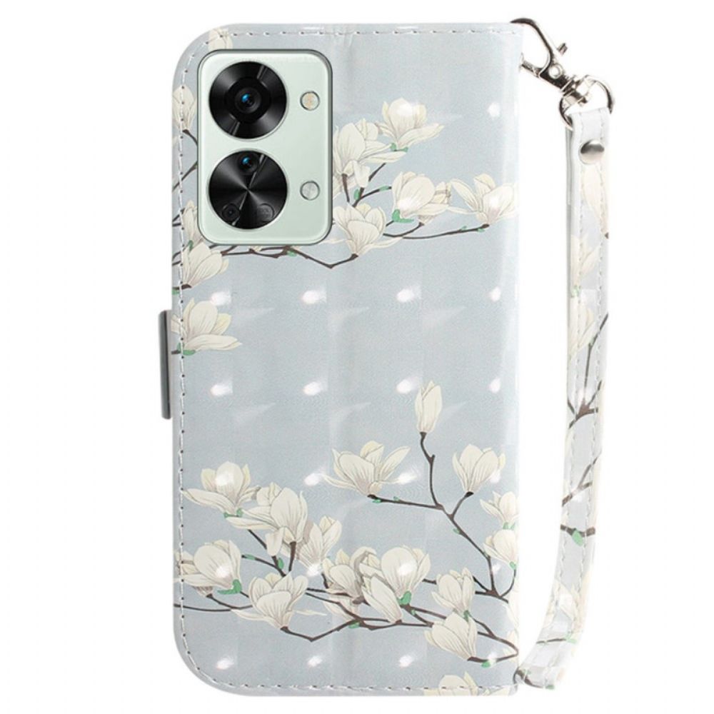 Folio-hoesje voor OnePlus Nord 2T 5G Met Ketting Thong Magnolia Bloemen