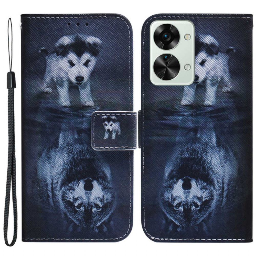 Folio-hoesje voor OnePlus Nord 2T 5G Met Ketting Thong Puppy En Wolf