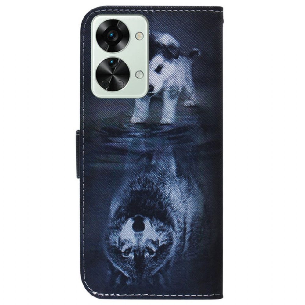 Folio-hoesje voor OnePlus Nord 2T 5G Met Ketting Thong Puppy En Wolf